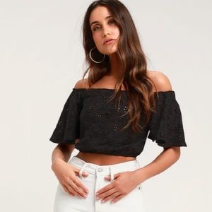 Lulus Eyelet Black off the shoulder crop top